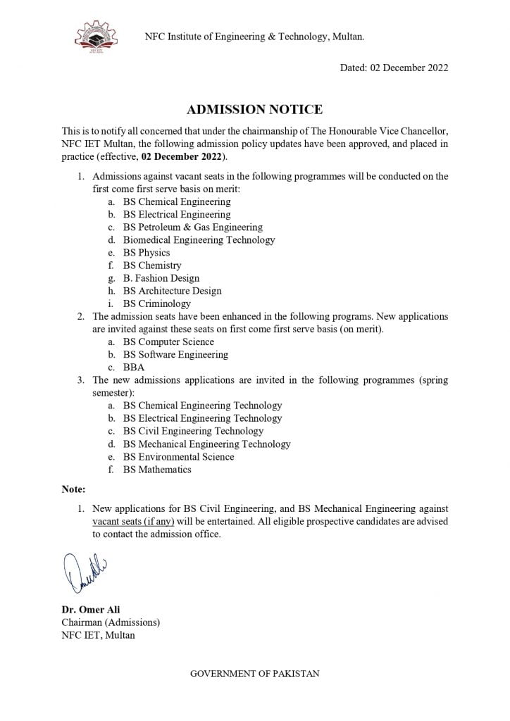 NFC IET Multan Admissions